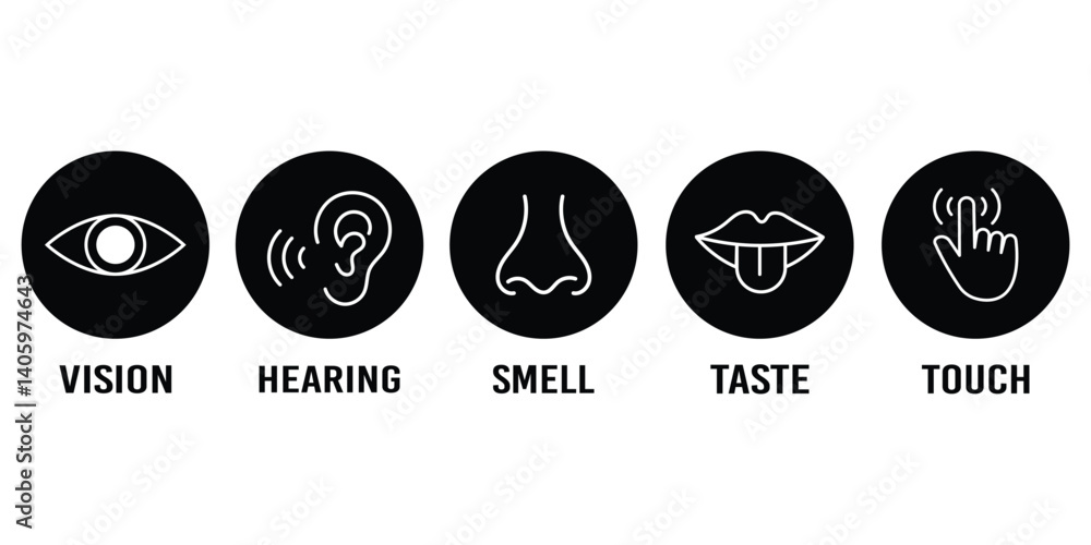 Human senses icon set. Vision eye, smell nose, hearing ear, touch hand, taste mouth with tongue. set of human five senses icon. Human senses icon set. Vision eye, smell nose, hearing ear, touch hand, taste mouth with tongue. set of human five senses icon.