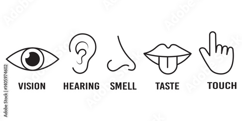 Human senses icon set. Vision eye, smell nose, hearing ear, touch hand, taste mouth with tongue. Simple line icons in circle. Five senses of human nervous system. set of five senses icon.