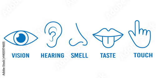 Human senses icon set. Vision eye, smell nose, hearing ear, touch hand, taste mouth with tongue. Simple line icons in circle. Five senses of human nervous system. set of five senses icon.