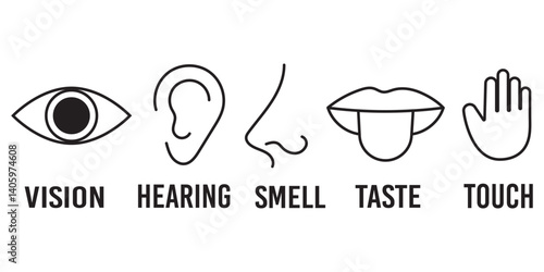Human senses icon set. Vision eye, smell nose, hearing ear, touch hand, taste mouth with tongue. Simple line icons in circle. Five senses of human nervous system. set of five senses icon.