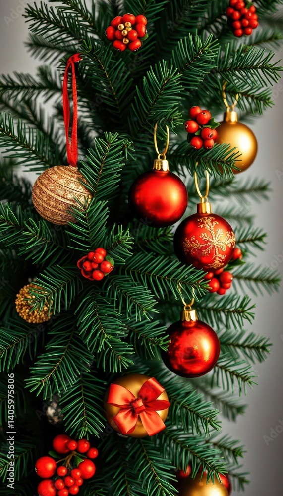 Fototapeta premium Dark green evergreen branch adorned with gold, red, and white holiday ornaments, christmas, pine