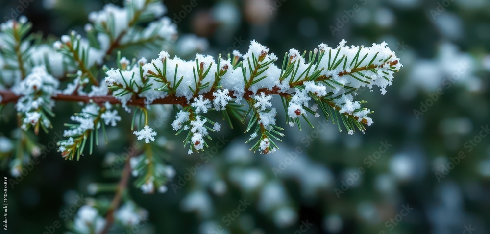Delicate evergreen branch laden with snowflakes, peaceful winter scene, serene, snow Delicate evergreen branch laden with snowflakes, peaceful winter scene, serene, snow