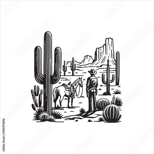 Wild West Scene with Cowboy and Saloon at Dusk