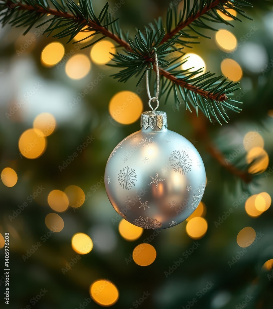 Gleaming silver bauble hangs from a pine bough, Christmas tree lights bokeh, sphere, celebration Gleaming silver bauble hangs from a pine bough, Christmas tree lights bokeh, sphere, celebration