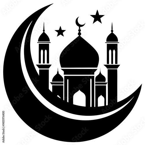 a black and white vector logo for Ramadan featuring a large crescent moon as the main design element 