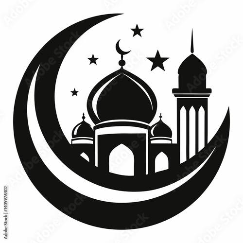 a black and white vector logo for Ramadan featuring a large crescent moon as the main design element 