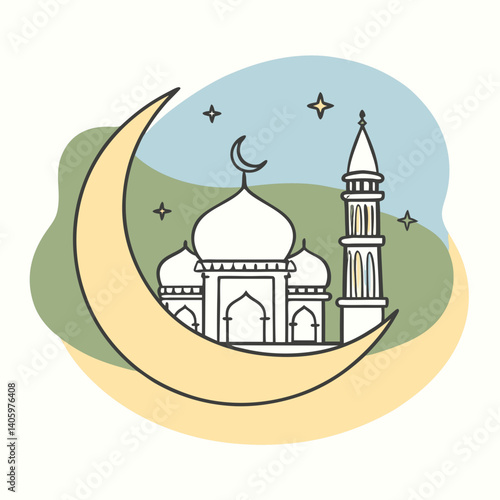 a black and white vector logo for Ramadan featuring a large crescent moon as the main design element 