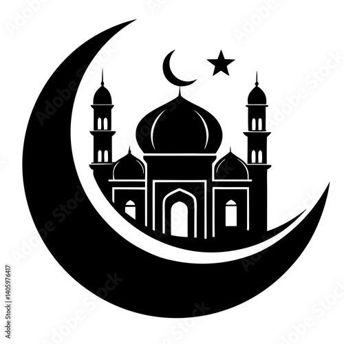 a black and white vector logo for Ramadan featuring a large crescent moon as the main design element 