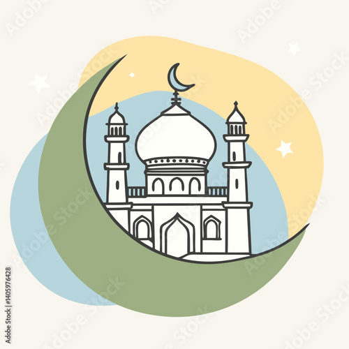 a black and white vector logo for Ramadan featuring a large crescent moon as the main design element 