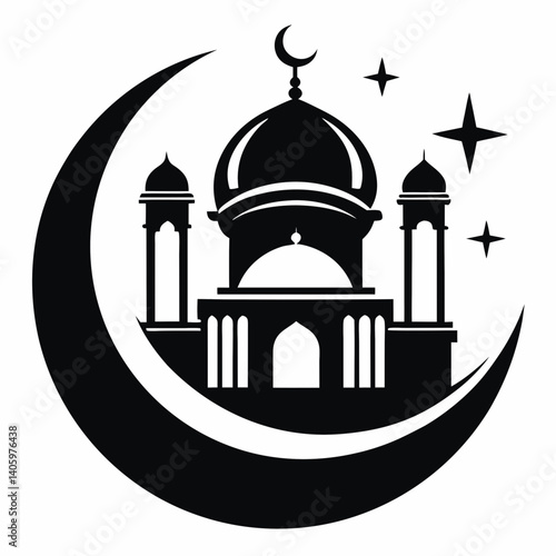 a black and white vector logo for Ramadan featuring a large crescent moon as the main design element 