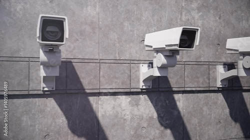 CCTV security cameras are mounted on a gray concrete wall. Ultra HD 4K animation.