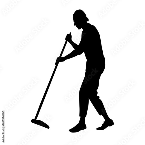 A black silhouette of a person mopping the floor, with one hand holding the mop handle and the other hand guiding it on the floor.  