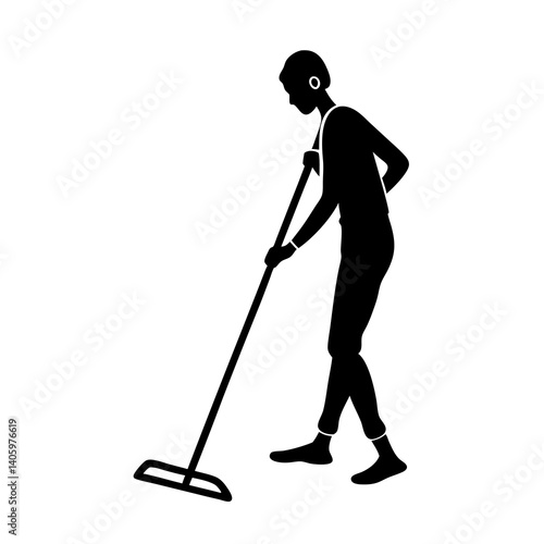 A black silhouette of a person mopping the floor, with one hand holding the mop handle and the other hand guiding it on the floor.  