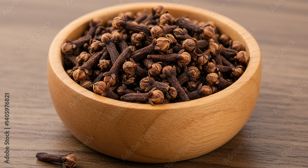 Aromatic Cloves in Wooden Bowl Spicy Brown Natural Ingredient Aromatic Cloves in Wooden Bowl Spicy Brown Natural Ingredient