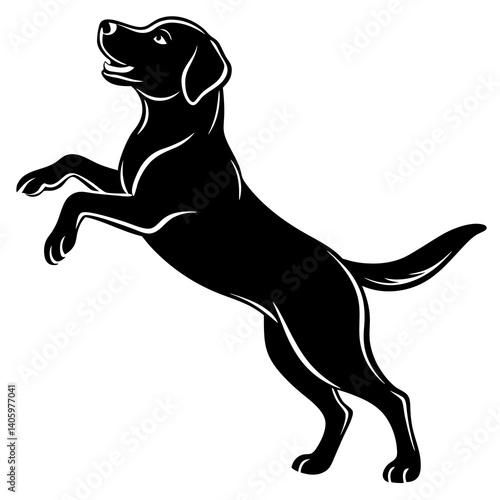 A lively Labrador Retriever silhouette, either jumping into a lake to fetch a ball or sitting with its paws up, 