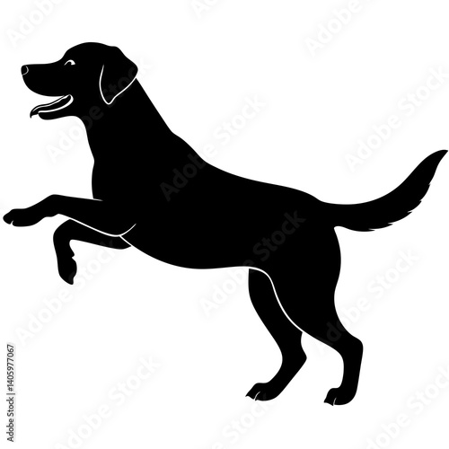 A lively Labrador Retriever silhouette, either jumping into a lake to fetch a ball or sitting with its paws up, 