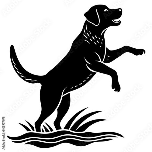 A lively Labrador Retriever silhouette, either jumping into a lake to fetch a ball or sitting with its paws up, 