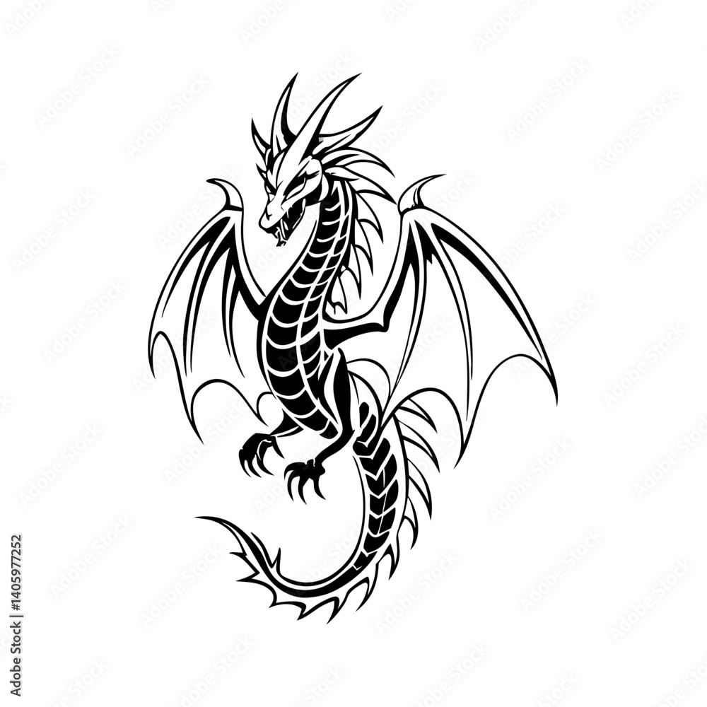 Obraz premium A stylized dragon in a black silhouette, with wings spread wide and tail curling, on a white background 