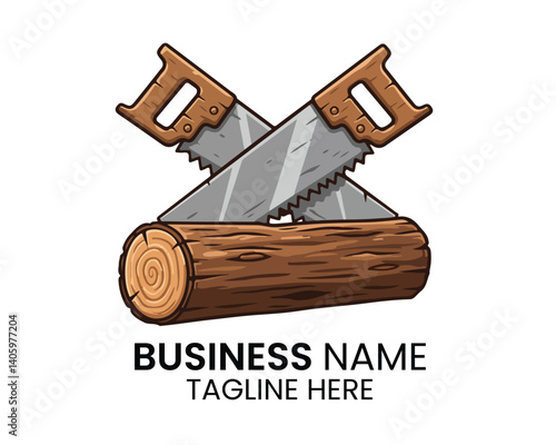 Carpentry logo with crossed saws and wood log on white background for woodworking branding.