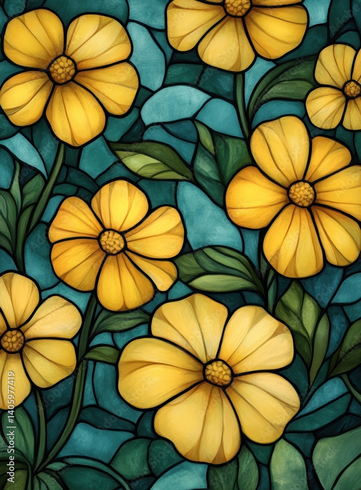 Fototapeta premium Colorful yellow flowers contrast beautifully with a teal backdrop