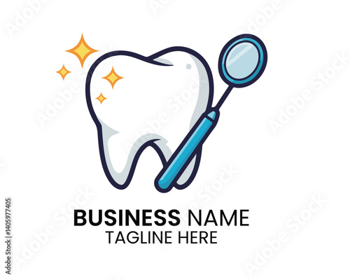 Dental logo with shiny tooth and dental mirror on white background for dentistry branding.
