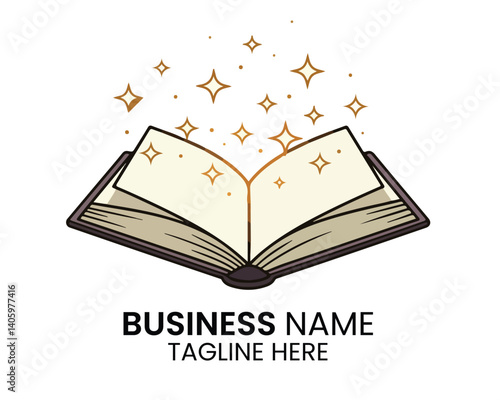 Open book with stars logo on white background symbolizing reading, education, and creativity.