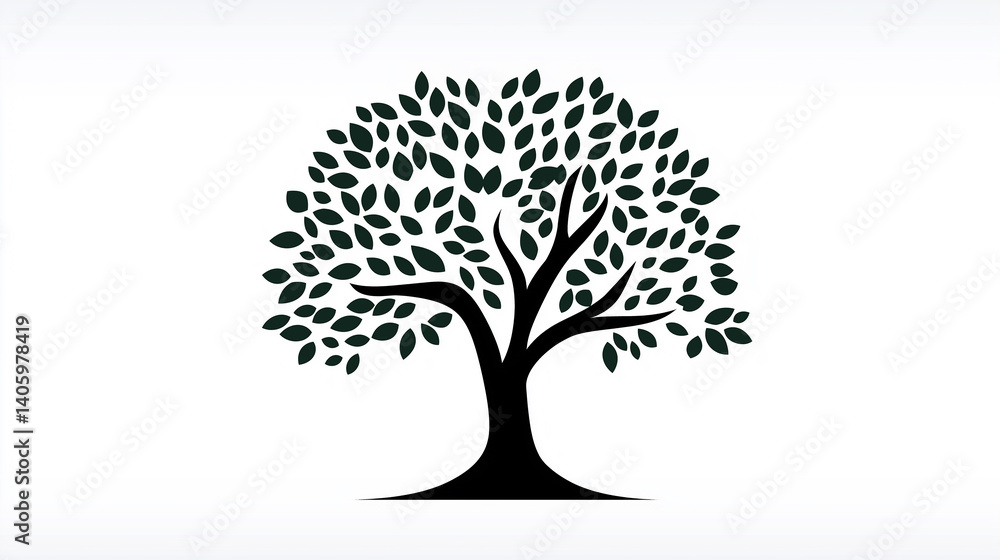 Stylized green tree growing with lush foliage on white background Stylized green tree growing with lush foliage on white background
