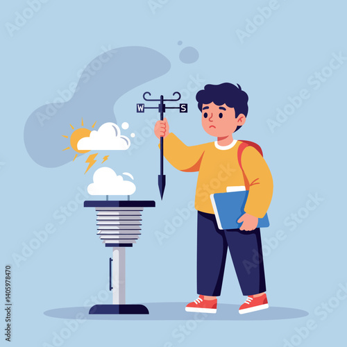 A curious boy observing a weather station while holding a book in a flat, colorful vector illustration