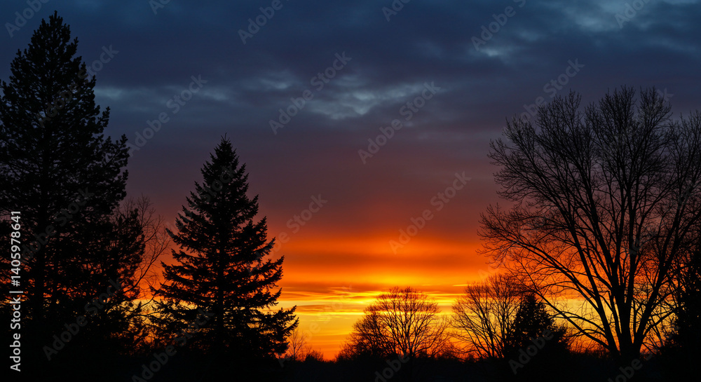 Fiery Sunset Silhouette Trees Nature Landscape Vivid Colors Fiery Sunset Silhouette Trees Nature Landscape Vivid Colors