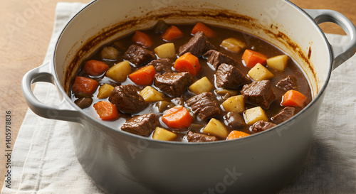 Hearty beef stew simmering in enamel pot, comfort food photography