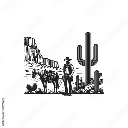 Wild West Scene with Cowboy and Saloon at Dusk