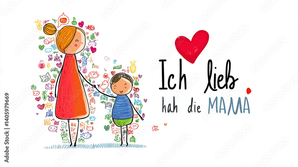 Kinderzeichnung mit Herz und Schriftzug „Ich hab dich lieb Mama“ als liebevoller Muttertagsgruß. Künstliche Intelligenz KI Kinderzeichnung mit Herz und Schriftzug „Ich hab dich lieb Mama“ als liebevoller Muttertagsgruß. Künstliche Intelligenz KI