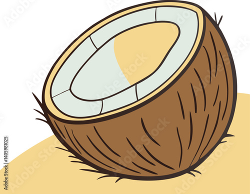 A stylized illustration of a coconut with rough brown exterior and the creamy interior