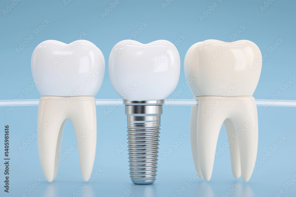Dental implant being compared to healthy teeth on blue background Dental implant being compared to healthy teeth on blue background