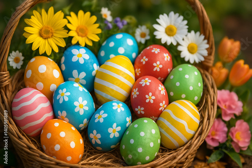 Colorful decorated Easter eggs in a basket with flowers, bright and festive, 3840x2160 PNG, 100MP, 100MP