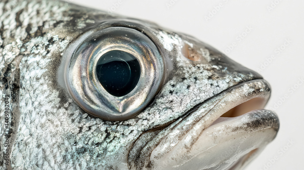 Head and eyes of tilapia fish close-up on white background