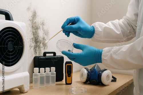 Mold inspection and sampling by technician in protective gloves

