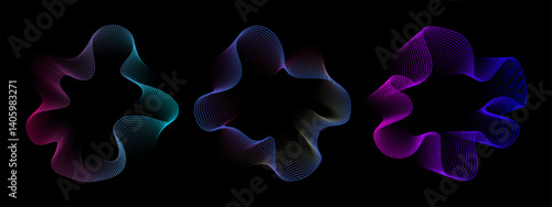 A set of multicolored neon sound waves. Sound dots lines, radial spectrum, sound equalizers. Colorful equalizer background. Colorful cover for music poster and banner. Vector radial spectrum.