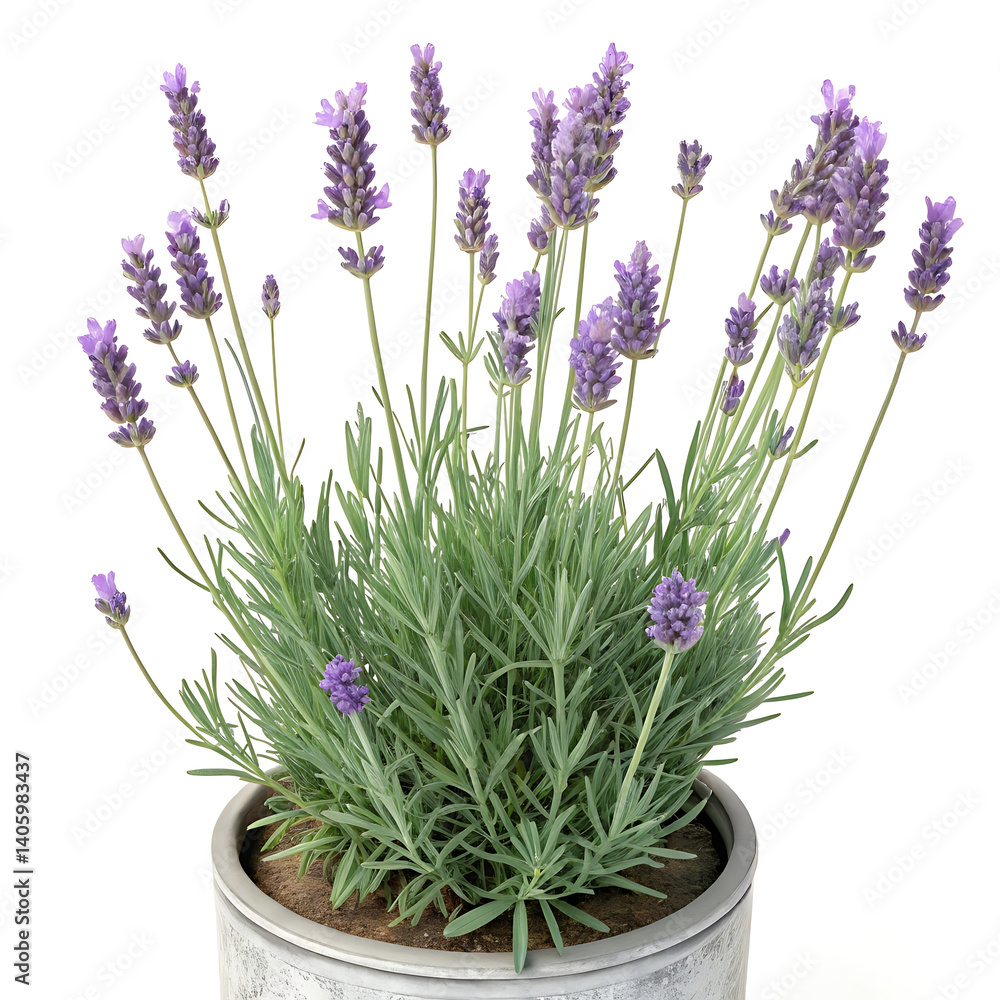 Obraz premium Purple lavender flowers bloom in a pot, an isolated spring beauty of the floral herb plant