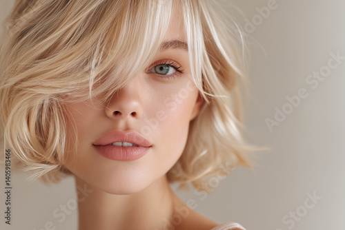 elegant blonde model with short hair bob full lips close up against plain white background natural makeup full eyebrows lip filler blush skincare spa aesthetic close up shot