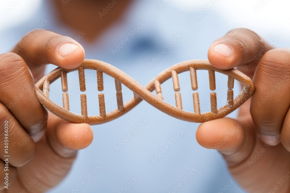 Detailed brown dna strand held gently in human hands symbolizing trust in scientific research biological innovation and genetic engineering in concept of human centered biotechnology progress