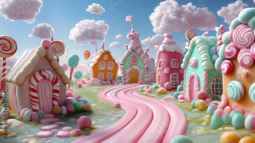 Magical candyland where lollipop trees, frosting-covered hills, and pastel-colored candy houses stretch beyond horizon. Candyland invites into whimsical dream world made entirely of sweets and sugar