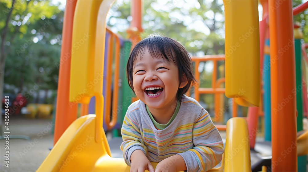 Happy child laughing and playing on colorful slide in playground Happy child laughing and playing on colorful slide in playground
