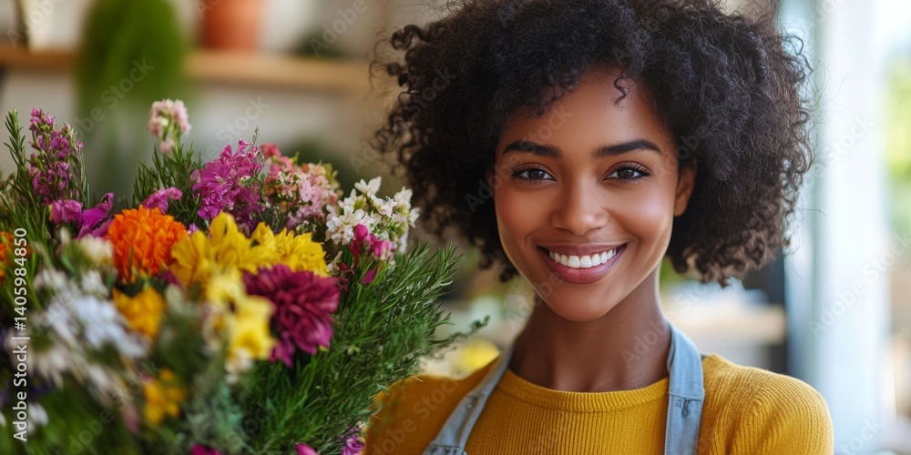 A joyful woman with curly hair holds a vibrant bouquet of flowers. This image captures the essence of freshness and beauty. It is perfect for nature and lifestyle themes. AI