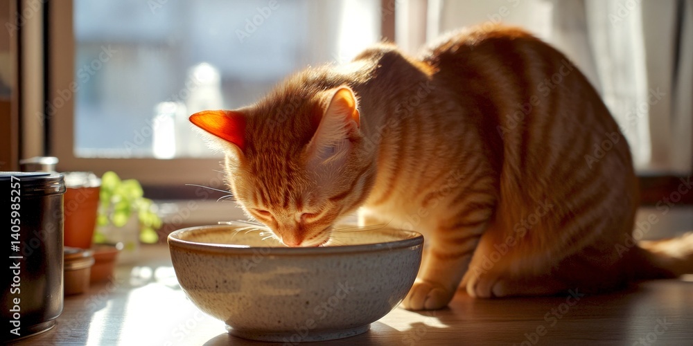 A cozy moment featuring a ginger cat drinking water from a bowl. The warm sunlight creates a serene atmosphere. This image captures the charm of everyday life with pets. AI