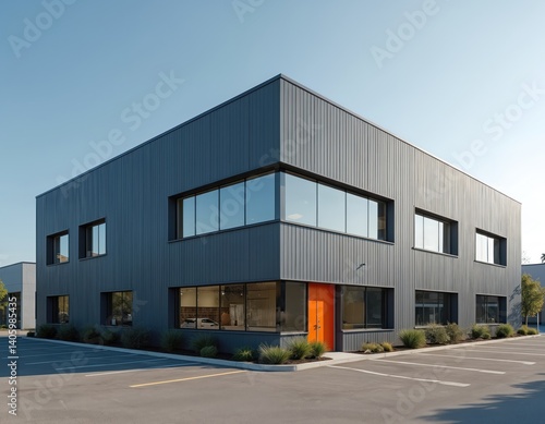 Modern office building with minimalist design. Exterior facade of commercial property large windows, parking lot, orange door. Exterior industrial building shows business concept. Clean lines,