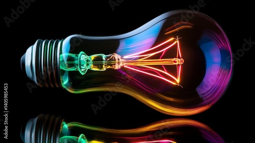 Wallpaper Mural A colorful light bulb glowing on a black reflective surface with a vibrant filament inside it Torontodigital.ca