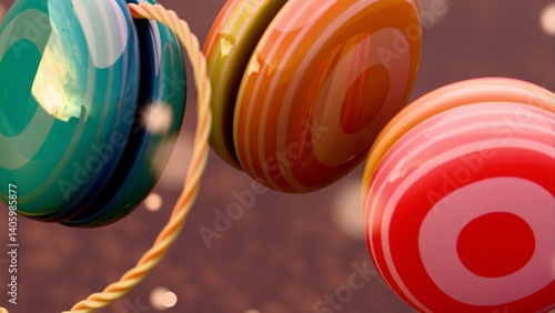 Three colorful striped yo-yos connected by twisted string, shown in extreme close-up, highlighting surface texture, circular patterns, and plastic toy design during mid-air suspension