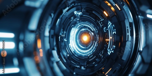 Obraz na płótnie A futuristic circular design featuring glowing elements. The image showcases a blend of technology and art. It highlights intricate details and vibrant colors. Perfect for tech themes. AI. w salonie