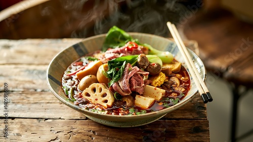 Spicy malatang hot pot bowl with skewered ingredients, rich broth steam rising, authentic Sichuan street food concept

